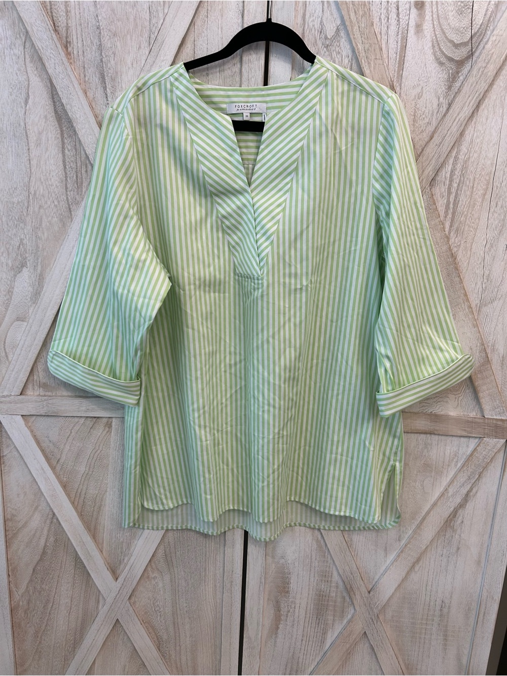 Foxcroft Light Green and White Striped Casual Tunic Shirt